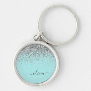 Porte-clés Monogramme Pailleté Bleu Aqua Turquoise Argent