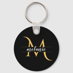 Porte-clés Monogramme partagé élégant Or Noir Nom personnalis