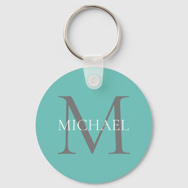 Porte-clés Monogramme personnalisé et nom Turquoise clair (Recto)