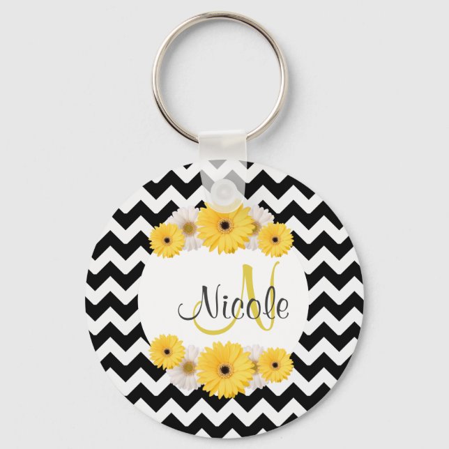 Porte-clés Monogramme Personnalisé noir blanc chevron (Recto)