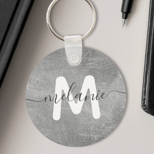 Porte-clés Monogramme personnalisé Nom Feuille d'Argent Luxe