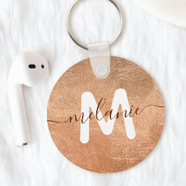 Porte-clés Monogramme personnalisé Nom Rose Or Feuille Luxe