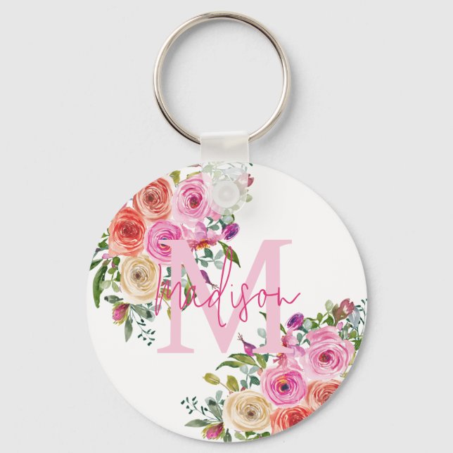 Porte-clés Monogramme | Personnalisez | Aquarelle | Floral (Recto)