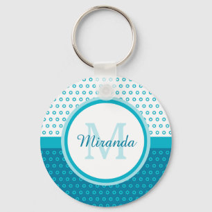 Porte-clés Monogramme Pois bleu turquoise mod avec nom