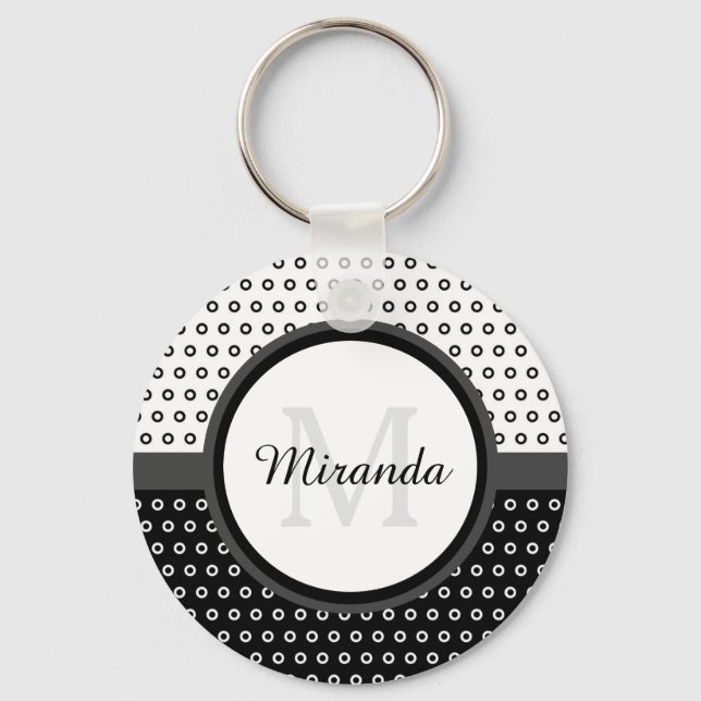 Porte-clés Monogramme Pois noir et blanc avec nom (Recto)