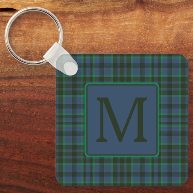 Porte-clés Monogramme préppy vert et bleu plaid (Recto)