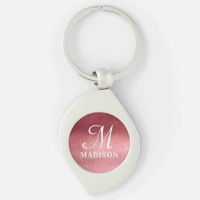 Porte-clés Monogramme rose métallique Nom personnalisé textur (Devant)