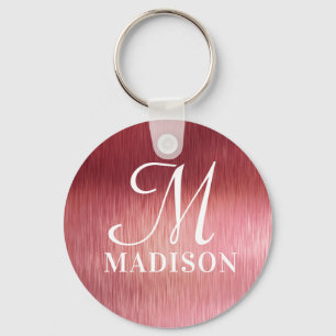 Porte-clés Monogramme rose métallique Nom personnalisé textur
