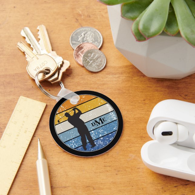 Porte-clés Monogramme Silhouette Golfer Retro Stripe (Bureau)