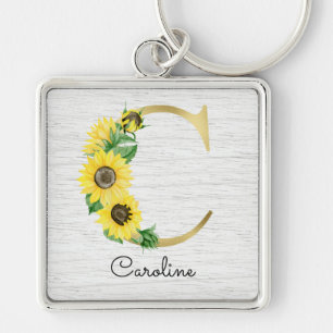 Porte-clés Monogramme Soleil Doré Fleur Initiale C Féminin