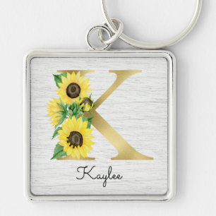Porte-clés Monogramme Soleil Doré Fleur Initiale K Féminin