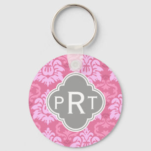 Porte-clés Monogramme trio damassé rose