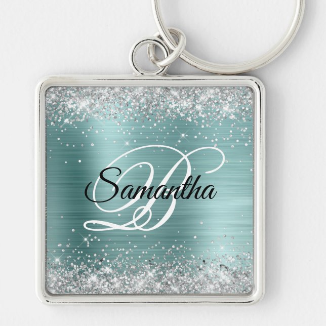 Porte-clés Monogramme Turquoise à Parties scintillant argenté (Devant)