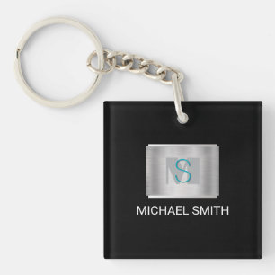 Porte-clés Monogramme turquoise et gris, Nom blanc Argent, No
