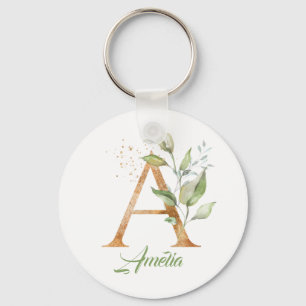 Porte-clés Monogramme Une feuille d'or à l'eucalyptus vert