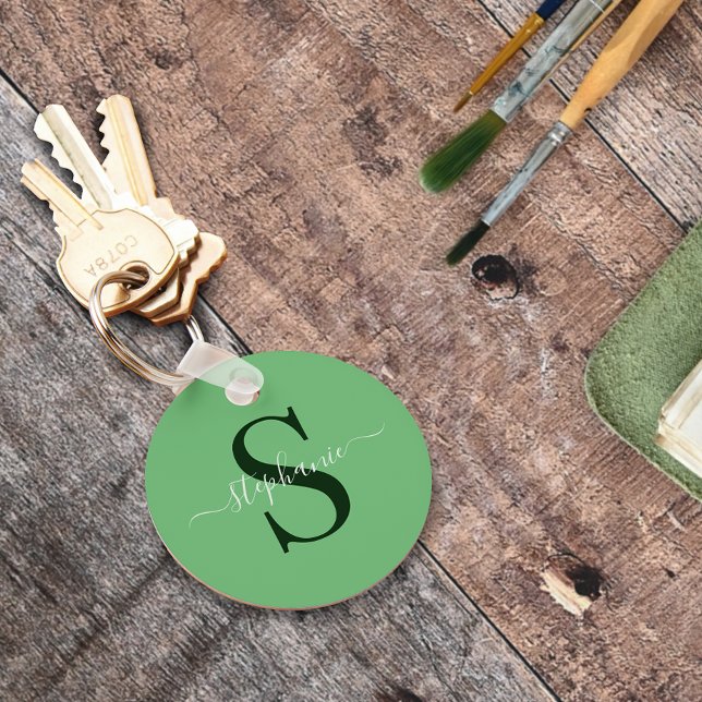 Porte-clés Monogramme vert moderne simple Premier nom (Créateur téléchargé)