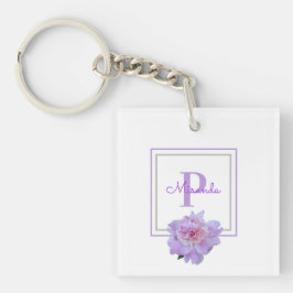 Porte-clés Monogramme violet encadré Fleur de pivoine rose
