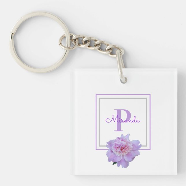 Porte-clés Monogramme violet encadré Fleur de pivoine rose (Devant)