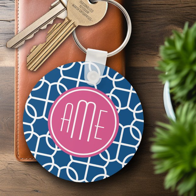 Porte-clés Monogrammes de Motif géométrique rose et bleu chau (Personalized Keychain - Add Name or Monogram)