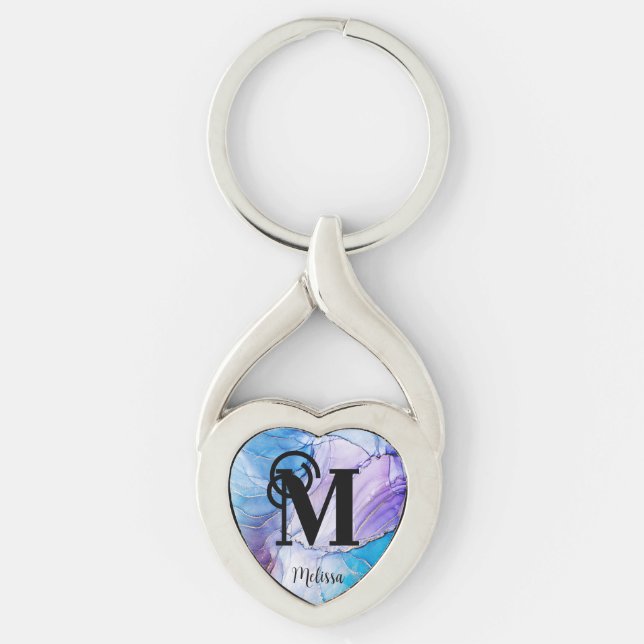 Porte-clés Monographie marbrée moderne bleu et violet (Devant)