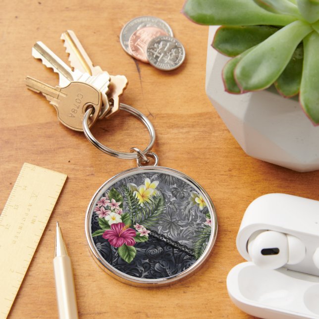 Porte-clés Monstera hawaïenne Tapa et Hibiscus (Bureau)