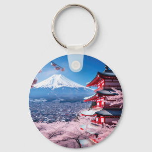Porte-clés Mont Fuji peint en saison de cerisier en fleurs 