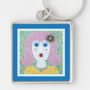 Porte-clés Mosaic - Ingrid avec bordure bleue et ivoire