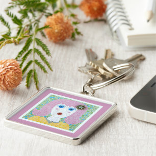 Porte-clés Mosaïque - Ingrid avec bordure rose et ivoire