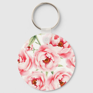 Porte-clés Motif aquarelle de pivoines roses en fleurs