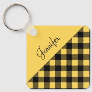 Porte-clés Motif carreaux plaid Buffalo jaune Nom
