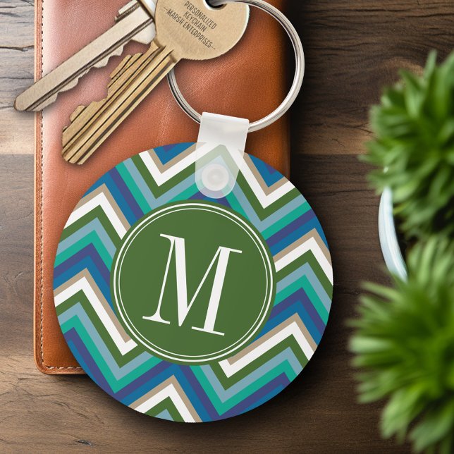 Porte-clés Motif Chevron vert et Turquoise avec Monogram (Personalized Keychain - Add Name or Monogram)