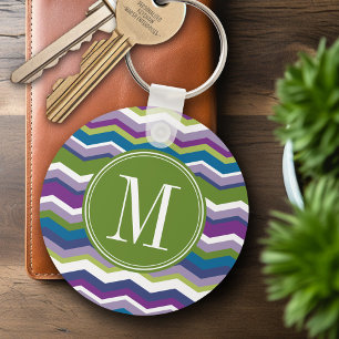 Porte-clés Motif Chevron vert et violet avec Monogramme