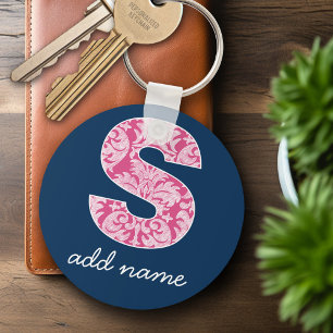 Porte-clés Motif damassé Navy et rose chaud Monogramme Lettre