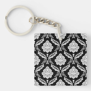 Porte-clés Motif Damassé Rococo Blanc sur Noir