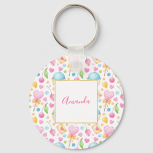Porte-clés Motif d'aquarelle douce Coeurs et Cupcakes