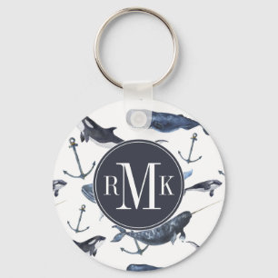 Porte-clés Motif de baleine et d'Ancre d'aquarelle