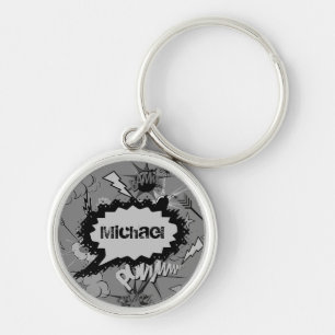 Porte-clés Motif de bande dessinée rétro gris personnalisé