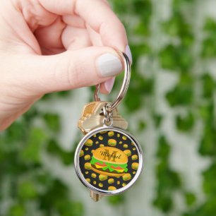 Porte-clés Motif de burger délicieux et amusant Monogramme