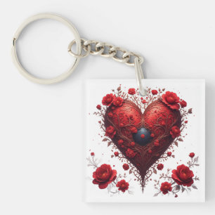 Porte-clés Motif de cœur floral rouge avec des fleurs épanoui