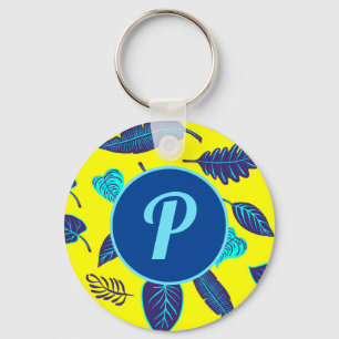 Porte-clés Motif de feuille tropicale jaune vif Monogramme