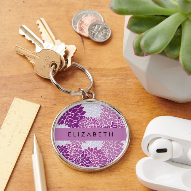 Porte-clés Motif De Fleurs, Dahlia Violet, Votre Nom (Bureau)