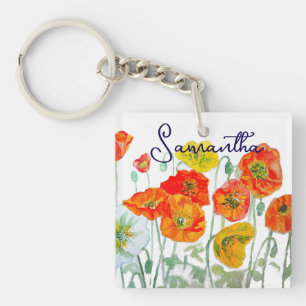 Porte-clés Motif de fleurs de pavot rouge orange Merci