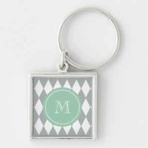 Porte-clés Motif de harlequin de blanc gris, monogramme vert
