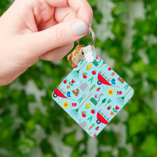 Porte-clés Motif de jardin Fleurs printanières et outils de j