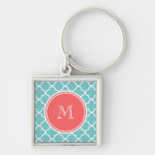 Porte-clés Motif de Quatrefoil turquoise, Monogramme de Corai
