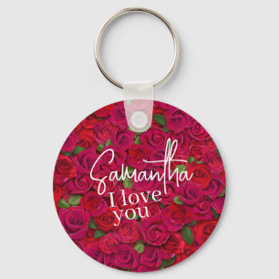 Porte-clés Motif de rose rouge profond Je t'aime avec nom per
