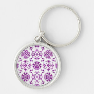 Porte-clés Motif de style damassé floral blanc et violet