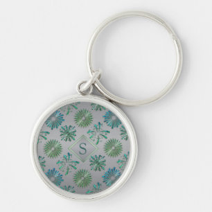 Porte-clés Motif élégant orné bleu-vert monogramme