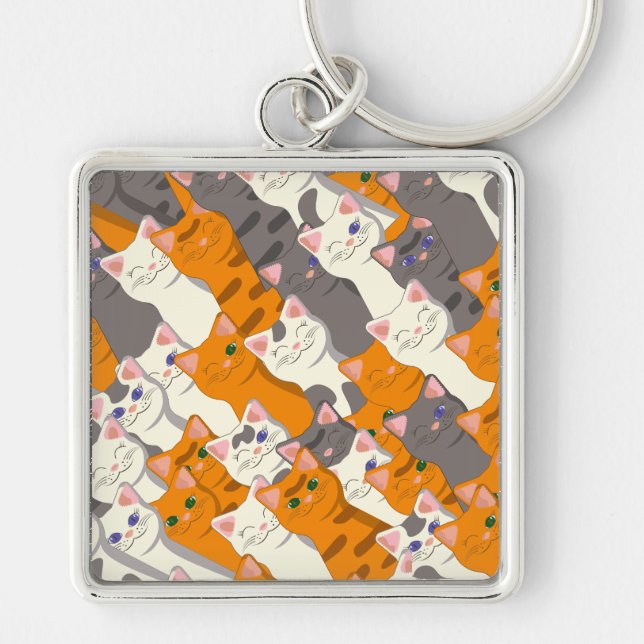 Porte-clés Motif en diagonale du chat noir blanc gingembre (Devant)