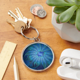 Porte-clés Motif fantaisie fleur bleue, art fractal abstrait